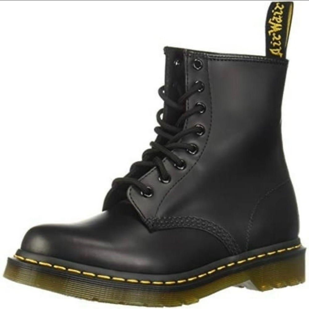 Dr. Martens Black Leather 8-Eye Combat Boots with Yellow Stitching
